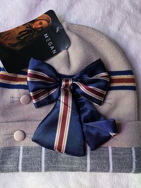 Universal Beige Knit Beanie with Navy Striped Satin Bow